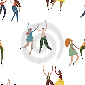 Young dancing people pairs seamless pattern. Happy male and female dancers isolated on white. Smiling men and women