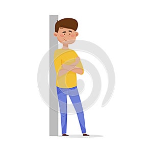 Young Dark-haired Man Leaning Against the Wall with His Arms Crossed and Smiling Vector Illustration