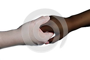 Young dark skinned mixed race girls hand, holding older fair skinned woman`s hand. isolated against white background