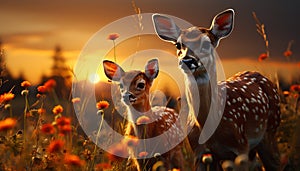 Young deer grazing in meadow at sunset generated by AI