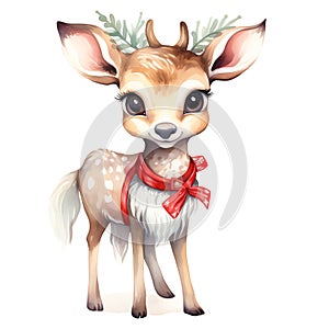 young deer with red bow and festive greenery watercolor illustration on white background