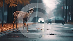 a young deer on a wet road in front of a car in an autumn forest