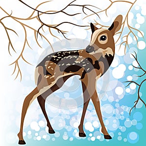 Young deer in a winter forest, vector illustration