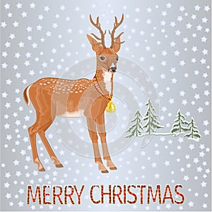 Young deer in winter landscape with falling snow and inscription Merry Christmas festive  background