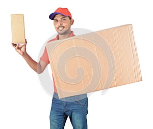 Young delivery man carrying carton boxes in uniform