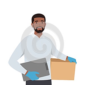 Young delivery man or courier service with uniform holding box package and showing clipboard document
