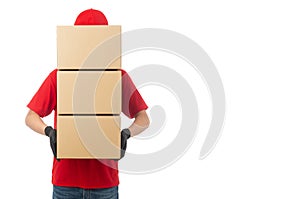 Young Delivery man holding paper cardboard box mockup isolated on white background