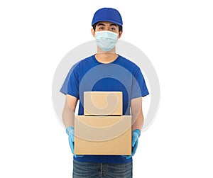 Young Delivery man wearing mask and medical gloves holding paper cardboard box mockup isolated on white background
