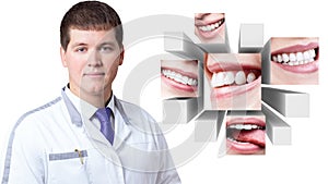 Young dentist doctor near collage of healthy beautiful smiles.