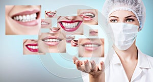 Young dentist doctor near collage of healthy beautiful smiles. photo