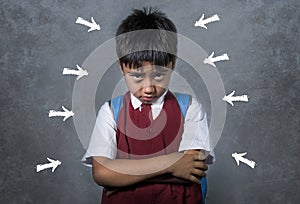 Young desperate abused schoolboy screaming crying victim of bullying and abuse at school on blackboard in bullied kid soc