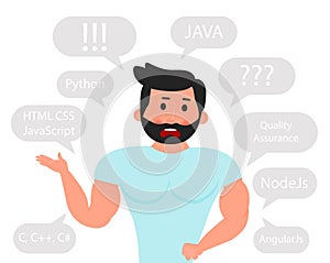 Young developer thinking about different programming languages.Vector illustration