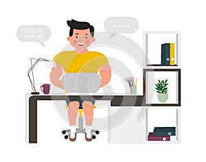 Young developer working at office table. Programmer working on computer. Vector illustration