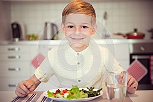 Young diligent boy at a table eating healthy meal with cutlery