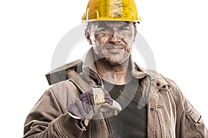 Young dirty Worker Man With Hard Hat helmet holding a hammer a