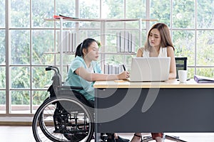 Young disabled Asian businesswoman working together with her colleague in office