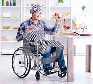 Young disabled husband preparing food salad