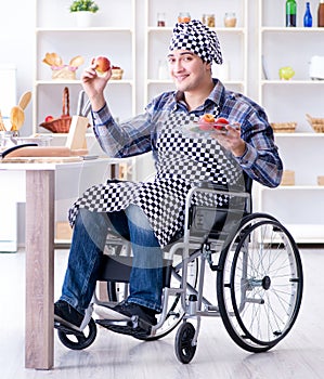 Young disabled husband preparing food salad