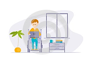 Young Disabled Man in Wheelchair Using Laptop Computer at Home Cartoon Vector Illustration