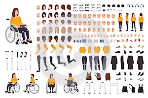 Young disabled woman in wheelchair constructor or DIY kit. Set of body parts, facial expressions, crutches, walking