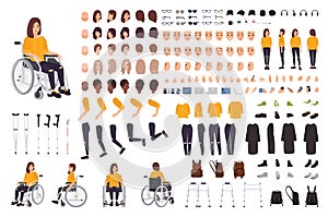 Young disabled woman in wheelchair constructor or DIY kit. Set of body parts, facial expressions, crutches, walking photo