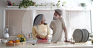 Young diverse couple cook together in modern apartment kitchen