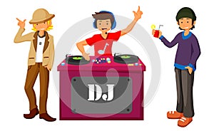 Young DJ mixing music on turntables on the stage of nightclub flat design