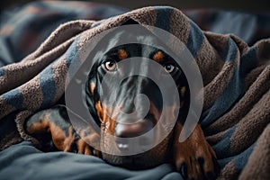 A young Doberman dog under a blanket. The pet is basking under the plaid. The concept of caring for pets.