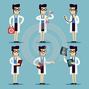 Young doctor female, woman nurse smiling characters in various actions vector set