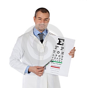 Young doctor holding glasses and eye chart.