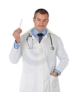 Young doctor holding a thermometer. Isolated on white background