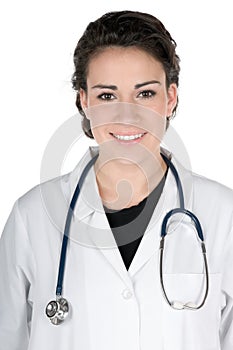 Young doctor, lab coat and stethoscope, isolated