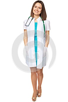 Young doctor of medical smiling, full length portrait isolated on white