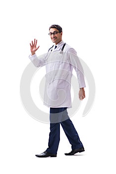 Young doctor physician standing walking isolated on white backgr