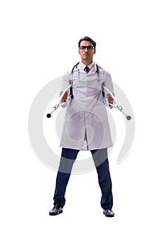 Young doctor physician standing walking isolated on white backgr