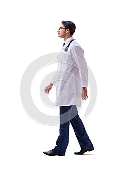 Young doctor physician standing walking isolated on white backgr