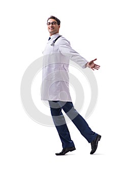 Young doctor physician standing walking isolated on white backgr