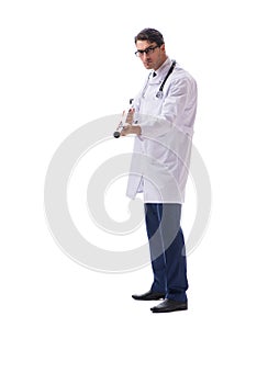 Young doctor physician standing walking isolated on white backgr