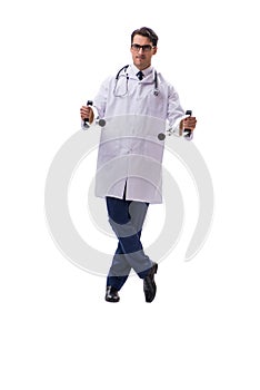 Young doctor physician standing walking isolated on white backgr