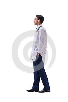 Young doctor physician standing walking isolated on white backgr