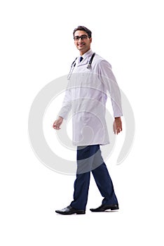 Young doctor physician standing walking isolated on white backgr