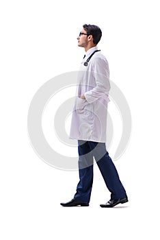 Young doctor physician standing walking isolated on white backgr