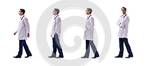 Young doctor physician standing walking isolated on white backgr