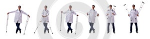 Young doctor physician standing walking isolated on white backgr