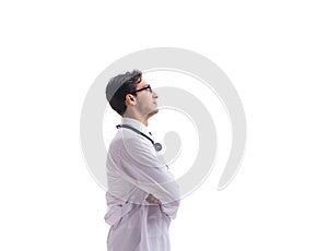 Young doctor physician standing walking isolated on white backgr