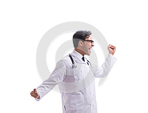 Young doctor physician standing walking isolated on white backgr