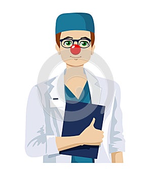 Young doctor with a red clown nose. Illustration of Red Nose Day. Doctors Day Vector illustration.