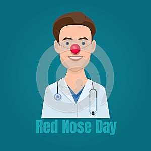 Young doctor with a red clown nose and a stethoscope. Illustration of Red Nose Day