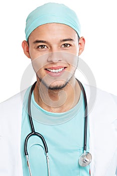 Young doctor smiling happy face portrait format occupation job isolated