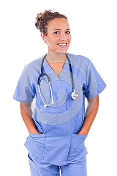 Young doctor with stethoscope isolated on white background